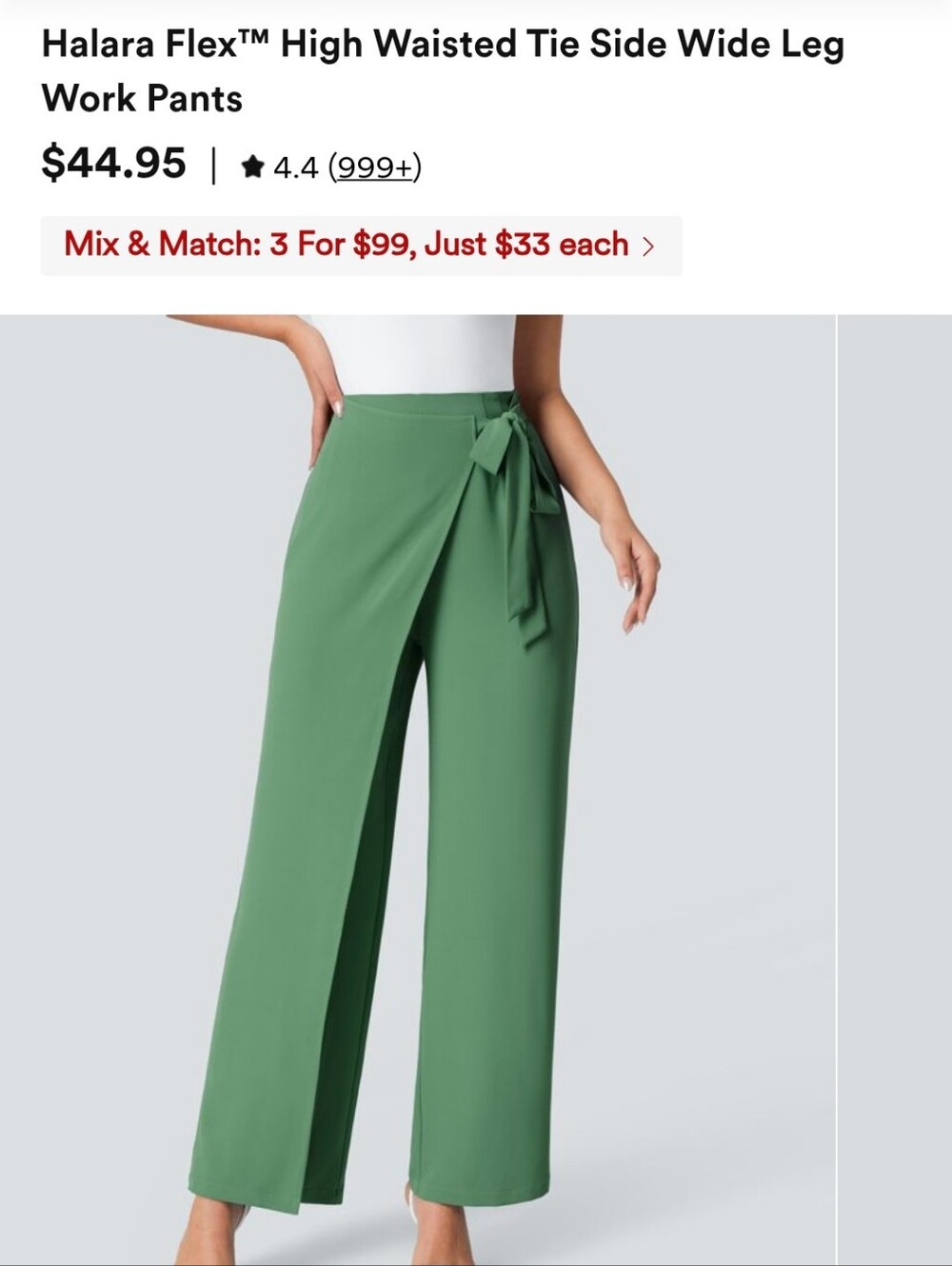 HALARA Sage Green Wrap-Front Wide Leg Pants with Side Tie - Picture 7 of 8
